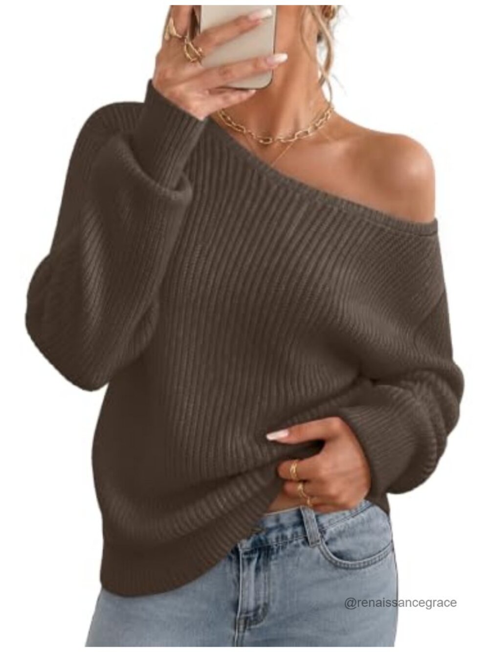 Off Shoulder Long Sleeve Pullover Sweater Crochet Knit Drop Shoulder
